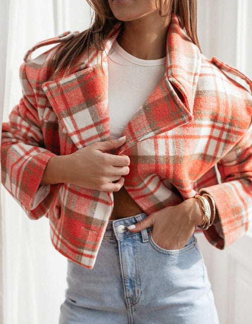 Load image into Gallery viewer, Lapel Collar Plaid Cropped Jacket
