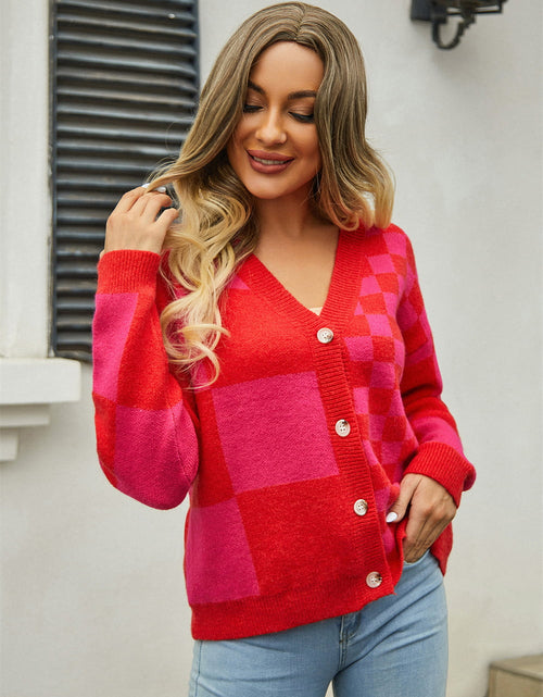 Load image into Gallery viewer, Angel Wings Plaid V-Neck Dropped Shoulder Cardigan
