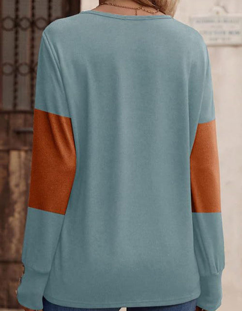 Load image into Gallery viewer, Decorative Button Contrast V-Neck Long Sleeve T-Shirt
