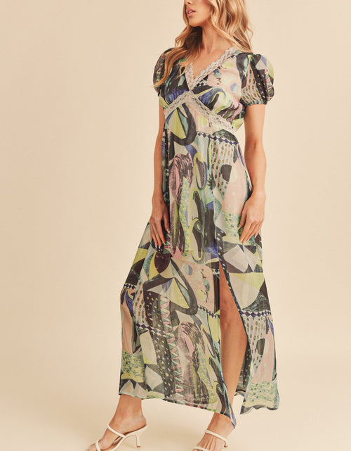 Load image into Gallery viewer, Aemi + Co Lace Detail Slit Geometric Print Short Sleeve Maxi Dress
