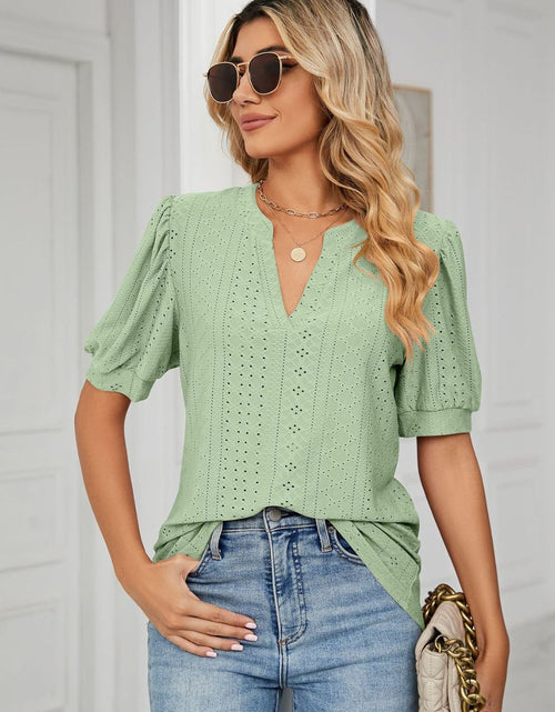 Load image into Gallery viewer, Eyelet Short Puff Sleeve Notched Neck Top
