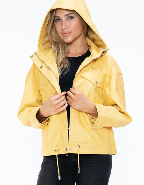 Load image into Gallery viewer, How Dare U Drawstring Hem PU Leather Zip Up Jacket
