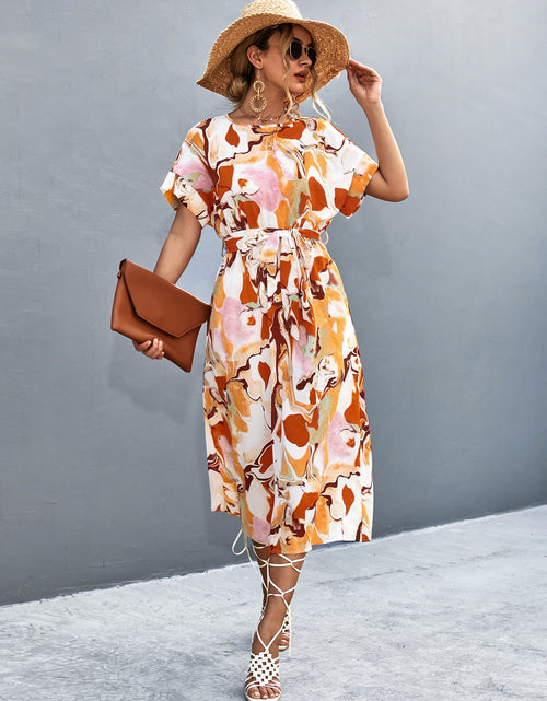 Load image into Gallery viewer, Round Neck Short Sleeve Tie Waist Midi Dress
