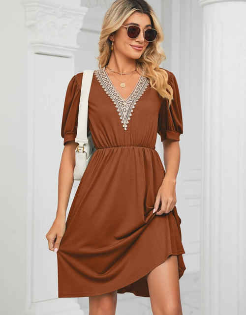 Load image into Gallery viewer, Contrast V-Neck Puff Sleeve Pocket Dress
