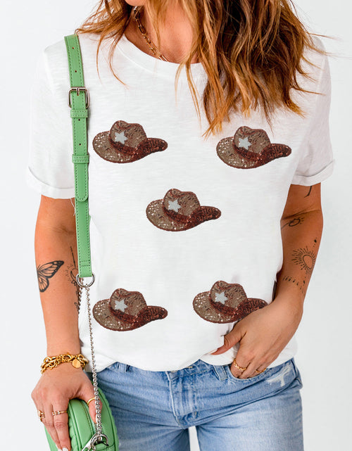 Load image into Gallery viewer, Sequin Hat Round Neck Short Sleeve T-Shirt
