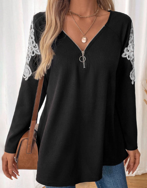 Load image into Gallery viewer, Perfee Lace Detail Quarter Zip Long Sleeve Top
