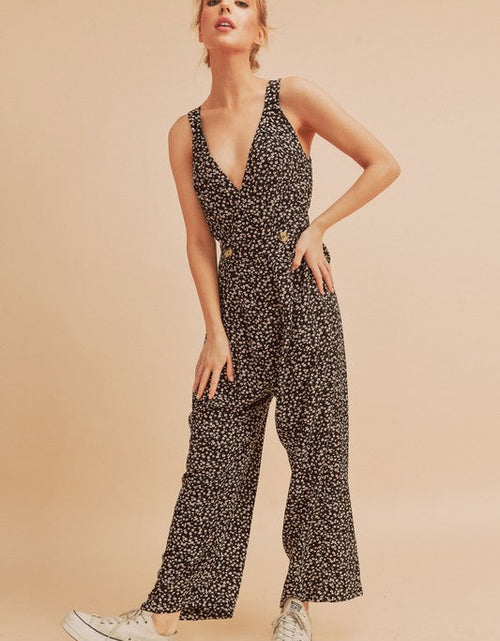 Load image into Gallery viewer, Aemi + Co Ditsy Floral Surplice Sleeveless Wide Leg Jumpsuit
