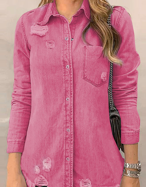 Load image into Gallery viewer, Distressed Raw Hem Snap Down Denim Jacket

