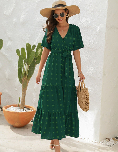 Load image into Gallery viewer, Swiss Dot Tied Surplice Short Sleeve Dress
