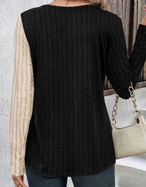 Load image into Gallery viewer, Decorative Button Contrast Round Neck Long Sleeve T-Shirt
