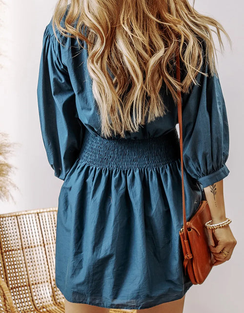 Load image into Gallery viewer, Smocked Half Button Three-Quarter Sleeve Mini Dress
