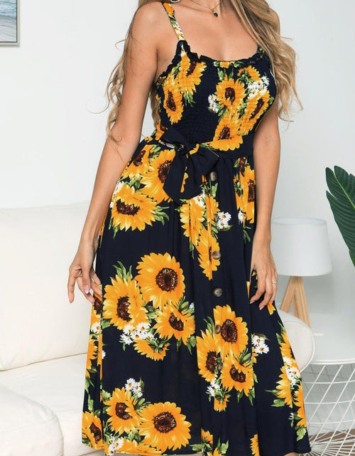 Load image into Gallery viewer, Smocked Sunflower Printed Sleeveless Cami Dress
