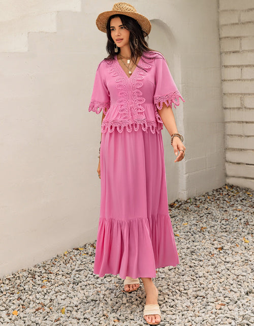 Load image into Gallery viewer, Lace Detail V-Neck Half Sleeve Midi Dress
