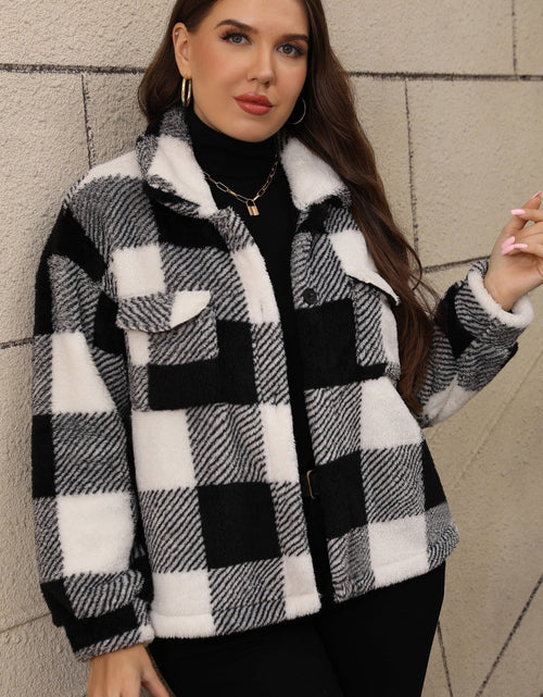 Load image into Gallery viewer, Plus Size Pocketed Plaid Collared Neck Jacket
