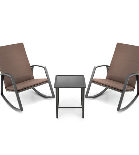 3 Pieces Patio Rattan Rocking Furniture Set-Brown