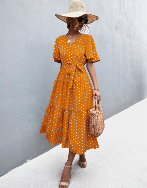Load image into Gallery viewer, Printed V-Neck Flutter Sleeve Belted Dress

