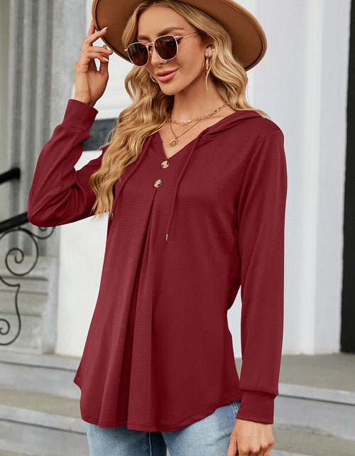 Load image into Gallery viewer, Decorative Button Drawstring Long Sleeve Hoodie
