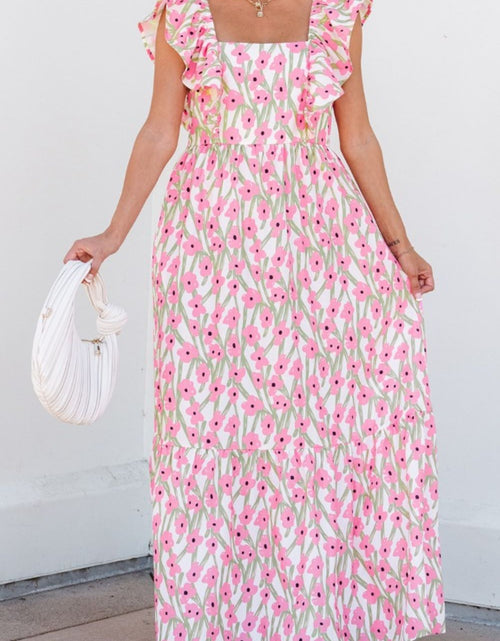Load image into Gallery viewer, Floral Print Square Neck Ruffled Cap Sleeve Maxi Dress
