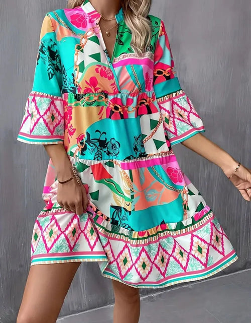 Load image into Gallery viewer, Printed Notched 3/4 Sleeve Tiered Dress
