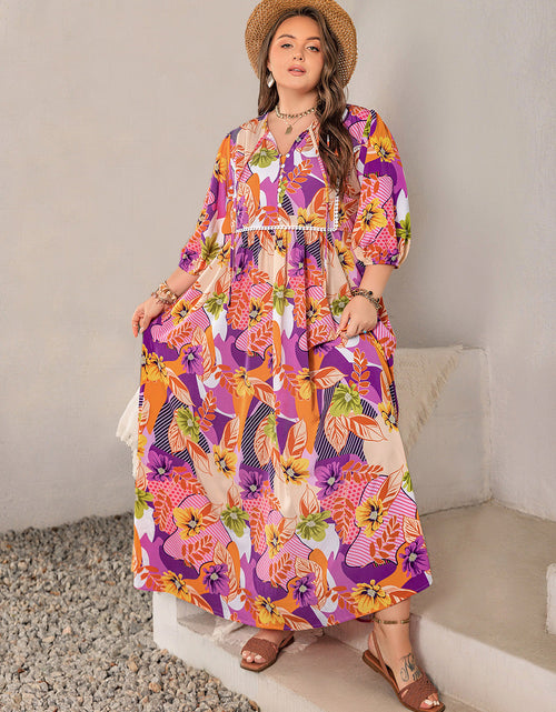 Load image into Gallery viewer, Plus Size Printed Tie Neck Maxi Dress
