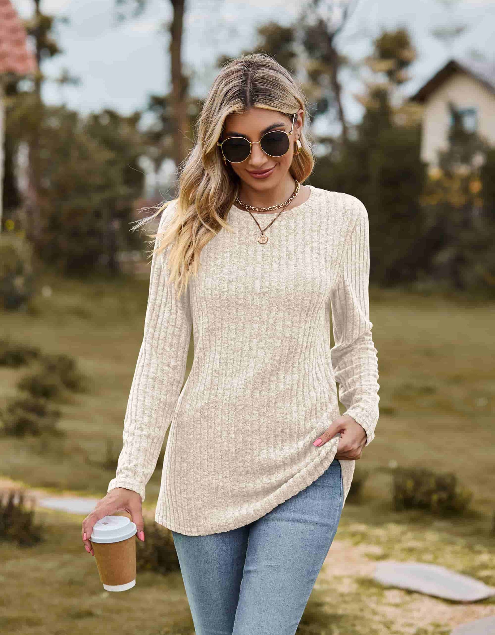 Ribbed Round Neck Long Sleeve Tee