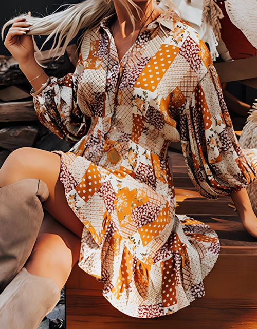 Load image into Gallery viewer, Printed Collared Neck Three-Quarter Sleeve Mini Shirt Dress
