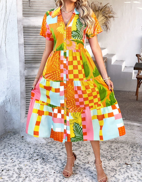 Load image into Gallery viewer, Devine Printed Johnny Collar Button Down Short Sleeve Midi Shirt Dress
