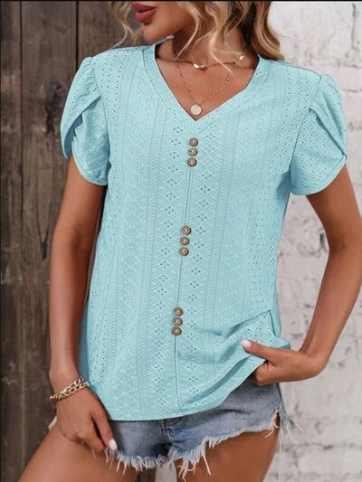 Load image into Gallery viewer, Eyelet V-Neck Petal Sleeve T-Shirt
