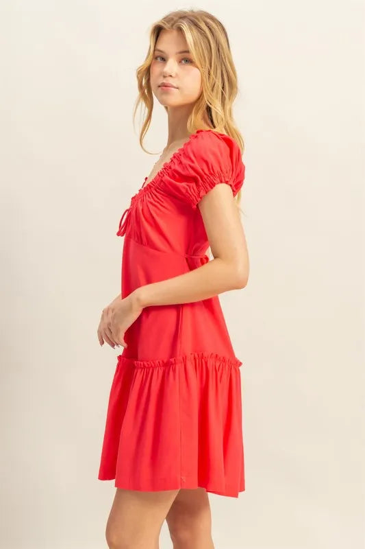 HYFVE Ruched Frill Tiered Short Sleeve Mini Dress