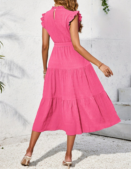 Load image into Gallery viewer, Frill Mock Neck Ruffled Cap Sleeve Midi Dress

