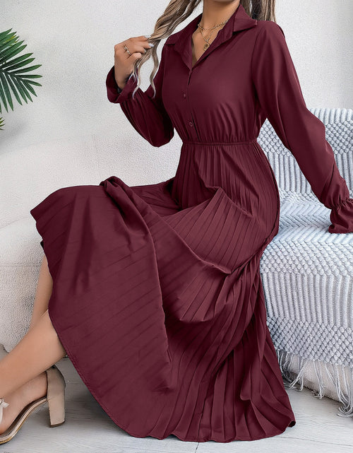 Load image into Gallery viewer, Pleated Half Button Long Sleeve Midi Dress
