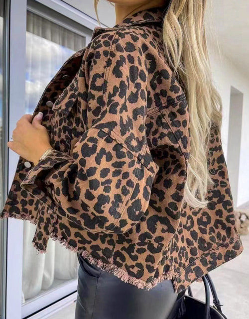 Load image into Gallery viewer, Leopard Raw Hem Denim Jacket
