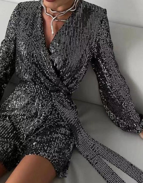 Load image into Gallery viewer, Full Size Sequin Surplice Tie Waist Long Sleeve Romper
