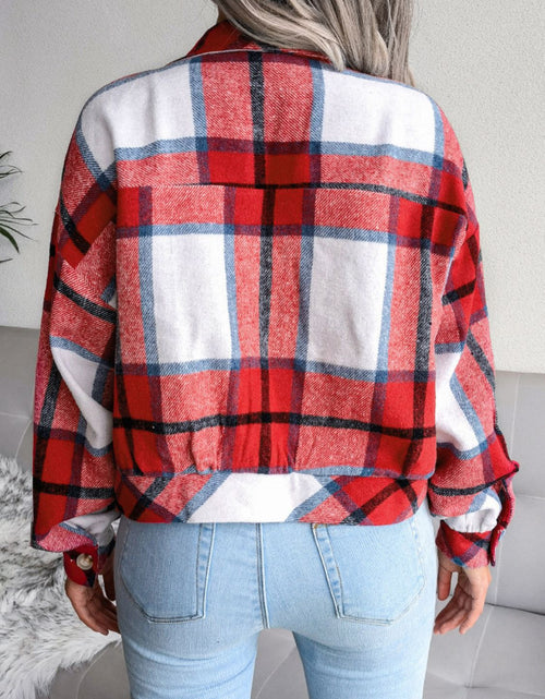 Load image into Gallery viewer, Plaid Collared Neck Drop Shoulder Jacket

