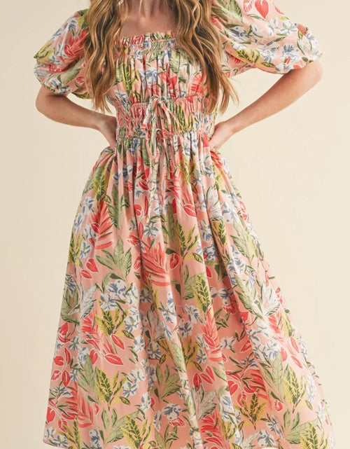Load image into Gallery viewer, Floral Smocked Square Neck Puff Short Sleeve Midi Dress
