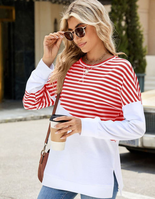 Load image into Gallery viewer, Slit Contrast Striped Long Sleeve Sweatshirt
