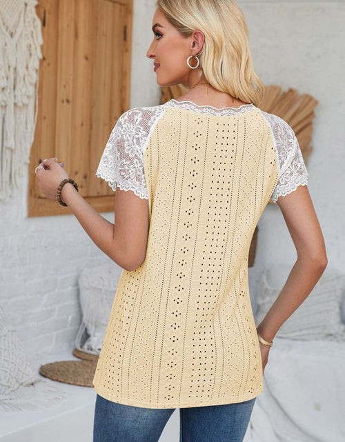Load image into Gallery viewer, Eyelet V-Neck Lace Short Sleeve T-Shirt
