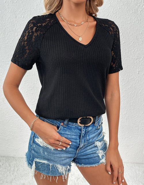 Load image into Gallery viewer, Ivy Lane Lace Detail V-Neck Short Sleeve T-Shirt
