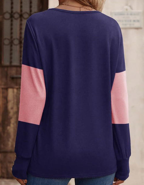 Load image into Gallery viewer, Decorative Button Contrast V-Neck Long Sleeve T-Shirt

