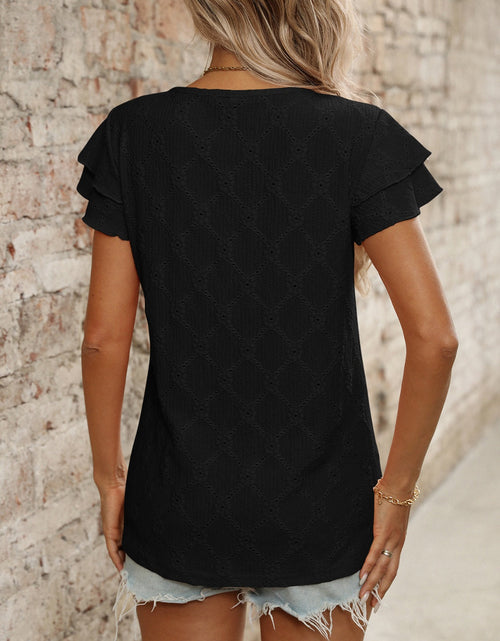 Load image into Gallery viewer, Eyelet Round Neck Double Layered Ruffled Short Sleeve Top
