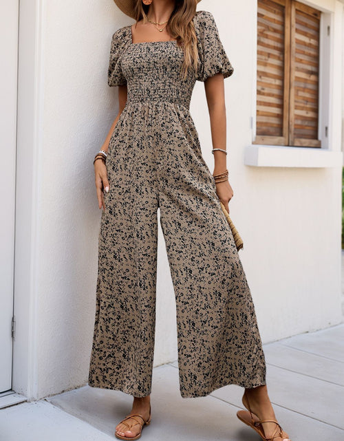 Load image into Gallery viewer, Perfee Smocked Printed Square Neck Puff Sleeve Jumpsuit
