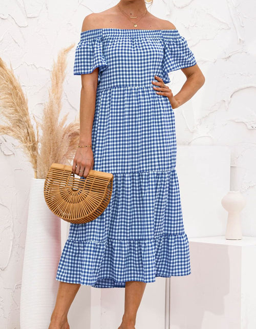 Load image into Gallery viewer, Plaid Off-Shoulder Tiered Midi Dress
