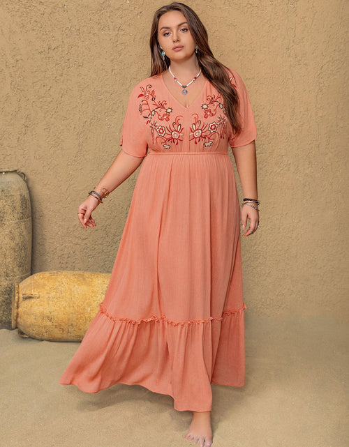 Load image into Gallery viewer, Plus Size Frill Embroidered V-Neck Half Sleeve Maxi Dress
