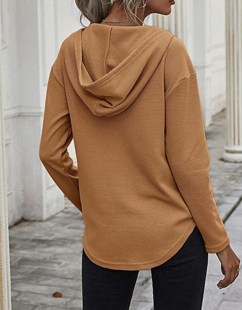 Load image into Gallery viewer, Drawstring Waffle Knit Long Sleeve Hooded Top
