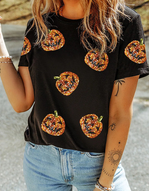 Load image into Gallery viewer, Sequin Pumpkin Round Neck Short Sleeve T-Shirt
