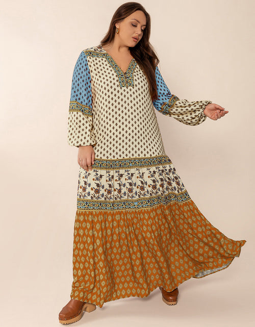 Load image into Gallery viewer, Plus Size Printed V-Neck Balloon Sleeve Maxi Dress
