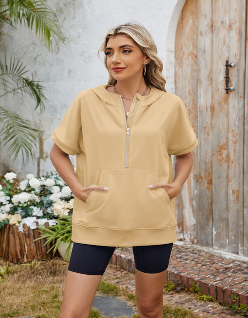 Load image into Gallery viewer, Half Zip Short Sleeve Hooded Top
