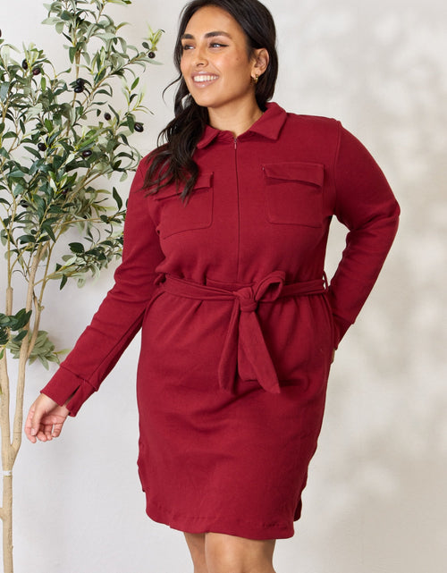 Load image into Gallery viewer, Culture Code Full Size Tie Front Half Zip Long Sleeve Shirt Dress
