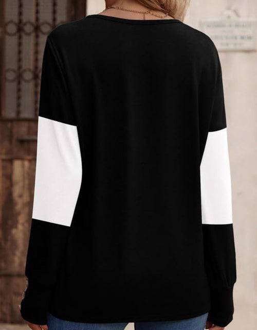 Load image into Gallery viewer, Decorative Button Contrast V-Neck Long Sleeve T-Shirt
