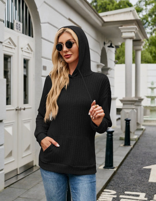 Load image into Gallery viewer, Ribbed Drawstring Long Sleeve Hoodie
